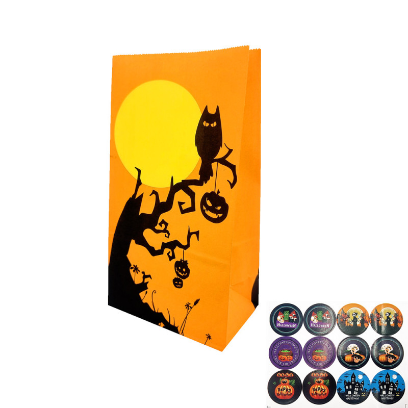 12 saquitos S.O.S. de halloween de color naranja claro de papel kraft 13x8x24 cm