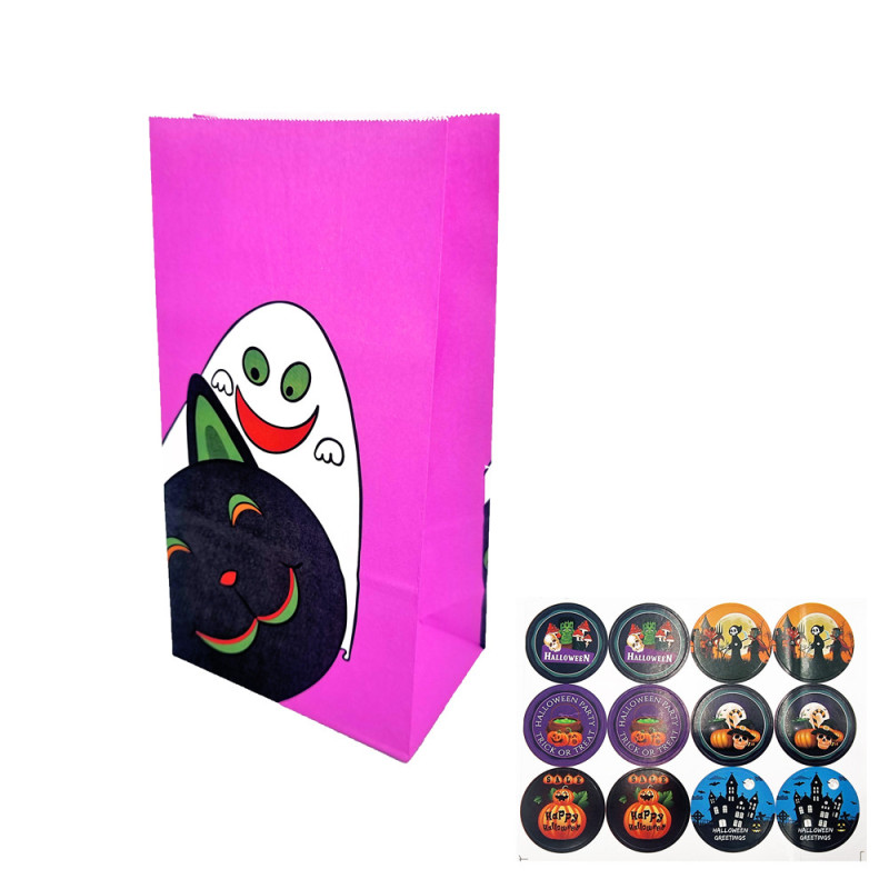 12 saquitos S.O.S. de halloween en color magenta, de papel kraft, 13 x 8 x 24 cm