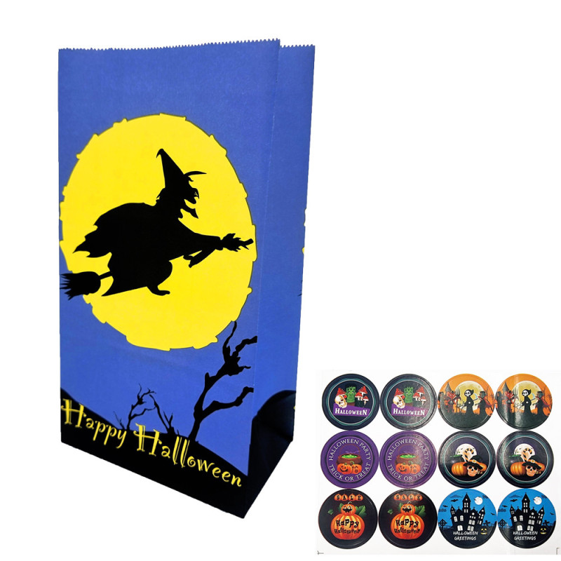 12 saquitos S.O.S. de halloween azules de papel kraft 13x8x24 cm