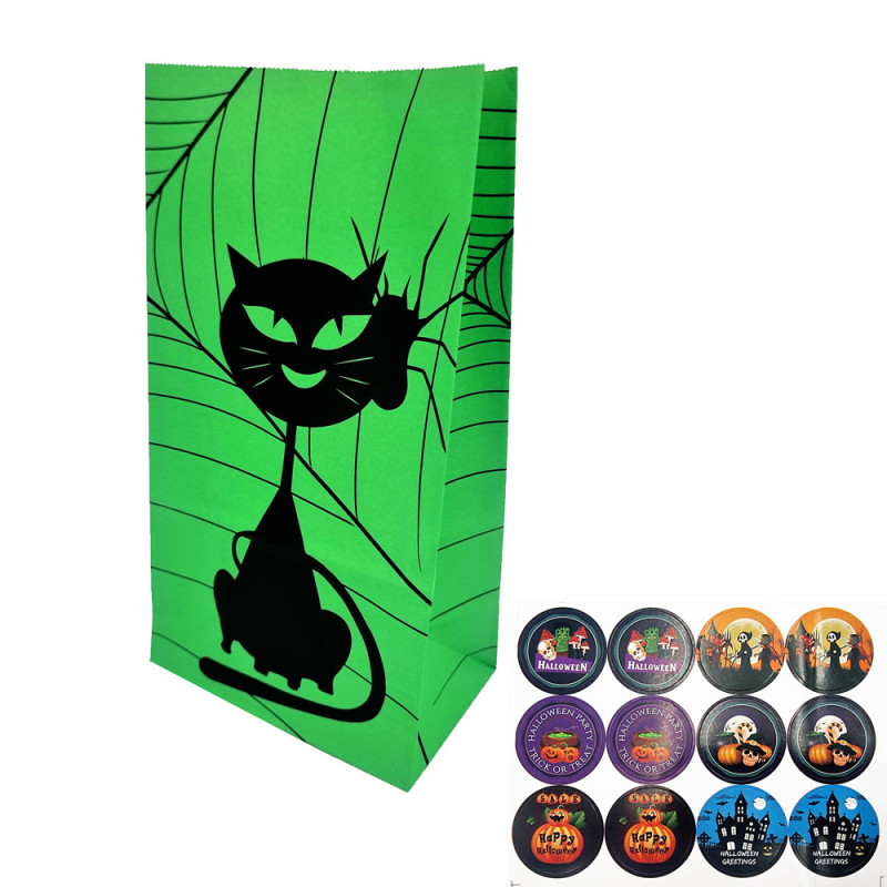 12 saquitos S.O.S. de halloween verdes de papel kraft 13x8x24 cm