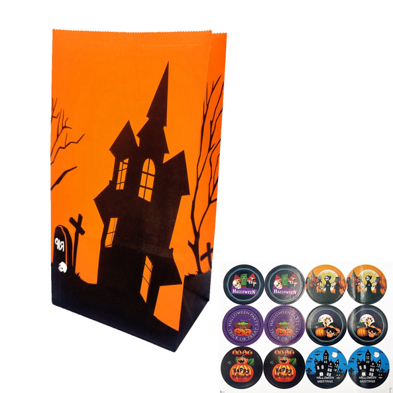 12 saquitos S.O.S. de halloween naranjas de papel kraft 13x8x24cm