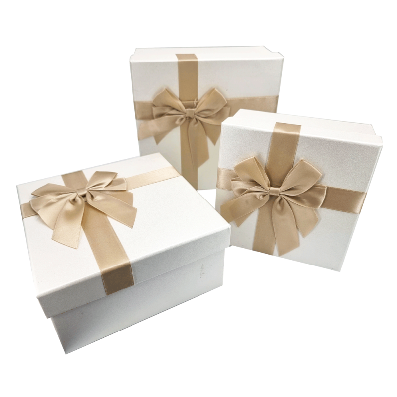 Pequeña caja de regalo elegante blanca iridiscente con lazo de raso dorado