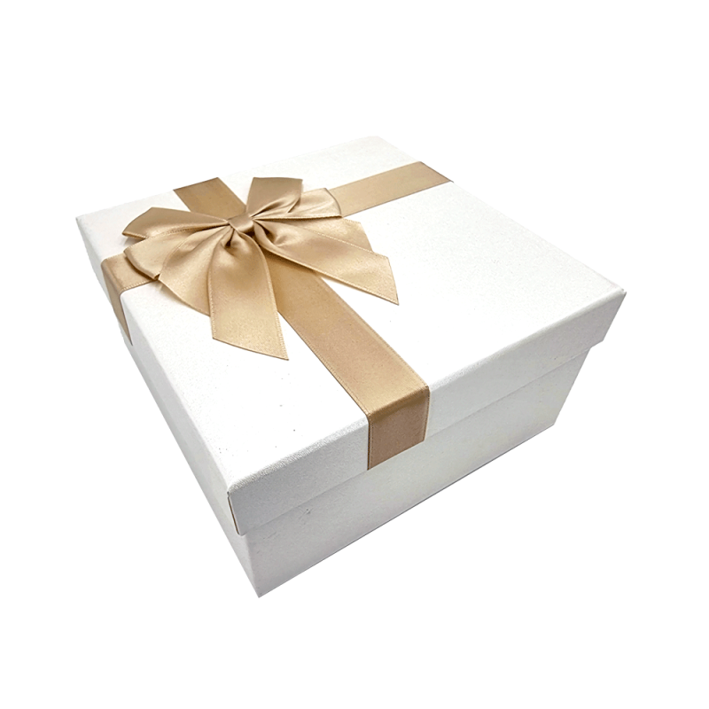 Caja de regalo pequeña con lazo de raso dorado 15x15x7,5 cm - Blanco