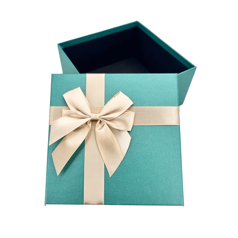 Gran caja de regalo elegante verde azulado iridiscente con lazo de raso dorado