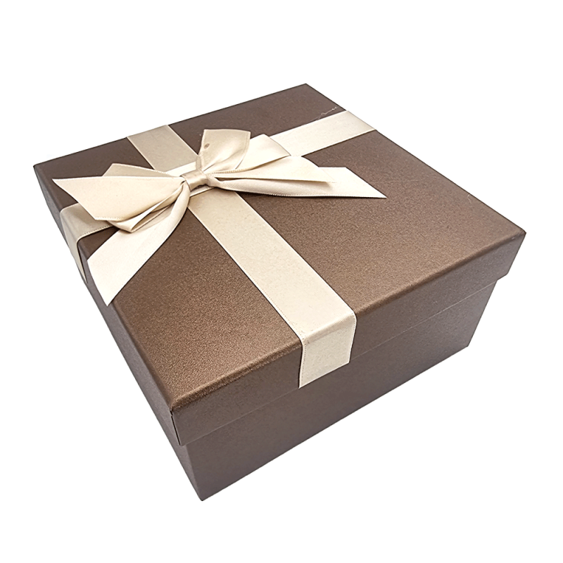 Caja de regalo grande con lazo de raso dorado 19x19x9,5 cm - Chocolate