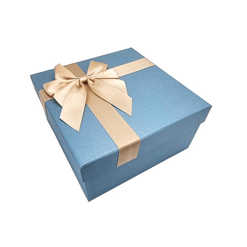 Caja de regalo con lazo de raso dorado 17x17x8,5 cm - Azul escarchado