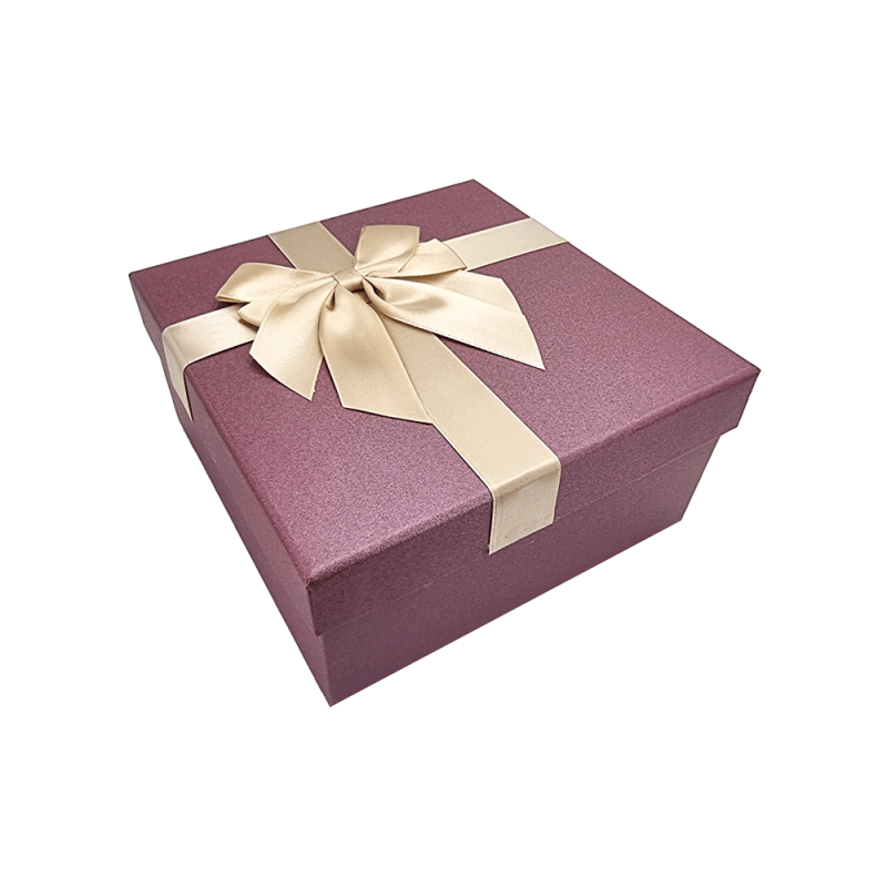 Caja de regalo con lazo de raso dorado 17x17x8,5 cm - Ciruela