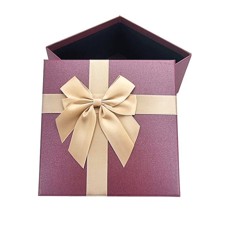 Caja de regalo grande y elegante en color morado iridiscente con lazo de raso dorado