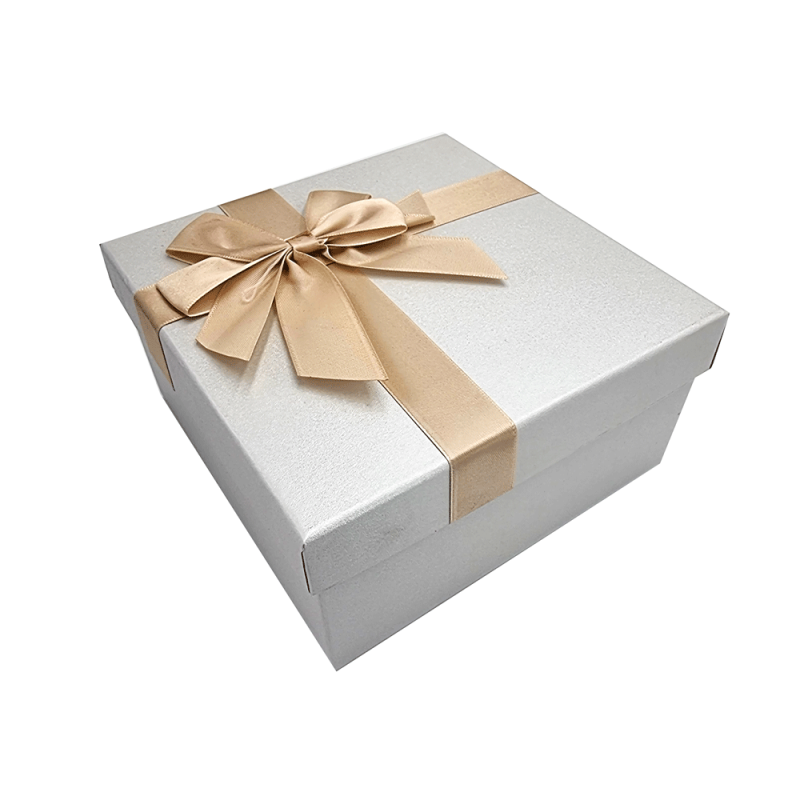 Caja de regalo grande con lazo de raso dorado 19x19x9,5 cm - Gris perla