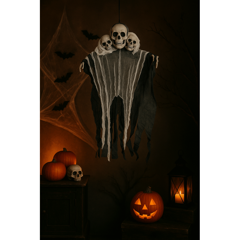 Decoración de Halloween: segadora con 3 calaveras para colgar