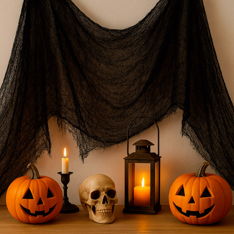 1 cortina de gasa de malla para decoración de puertas de halloween - Negro