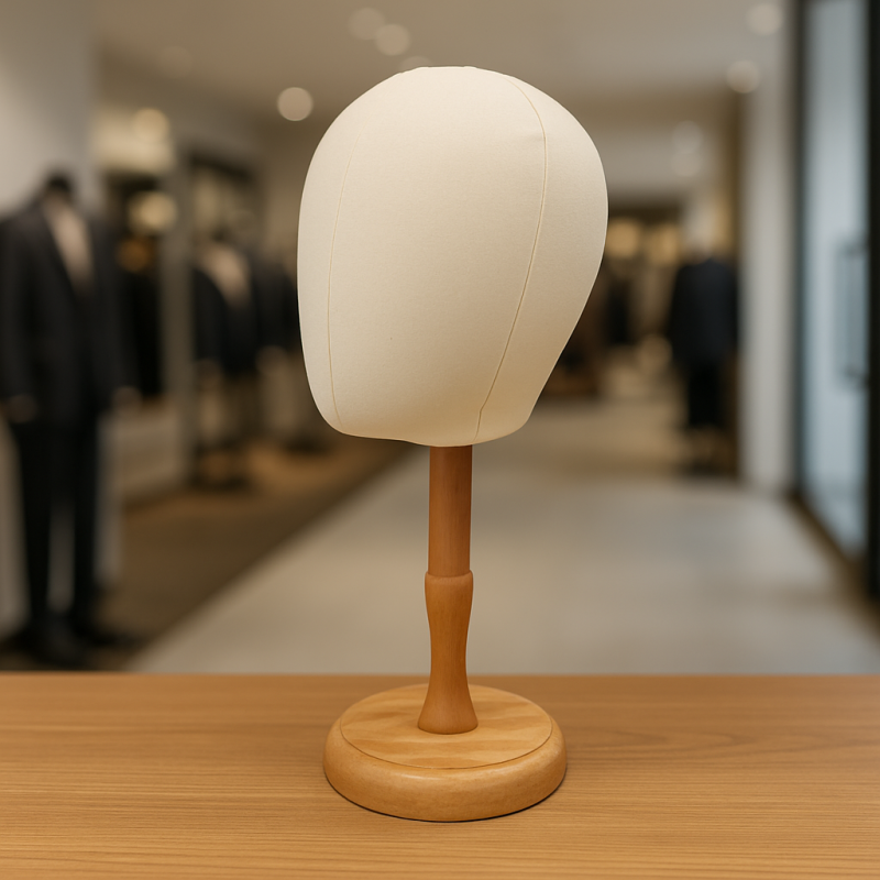 Cabeza de maniquí de hombre de madera y algodón crudo