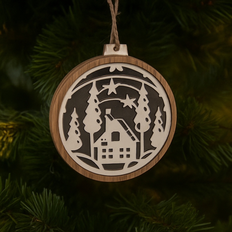 Decoración luminosa para colgar en el árbol de Navidad con motivo de casa nevada