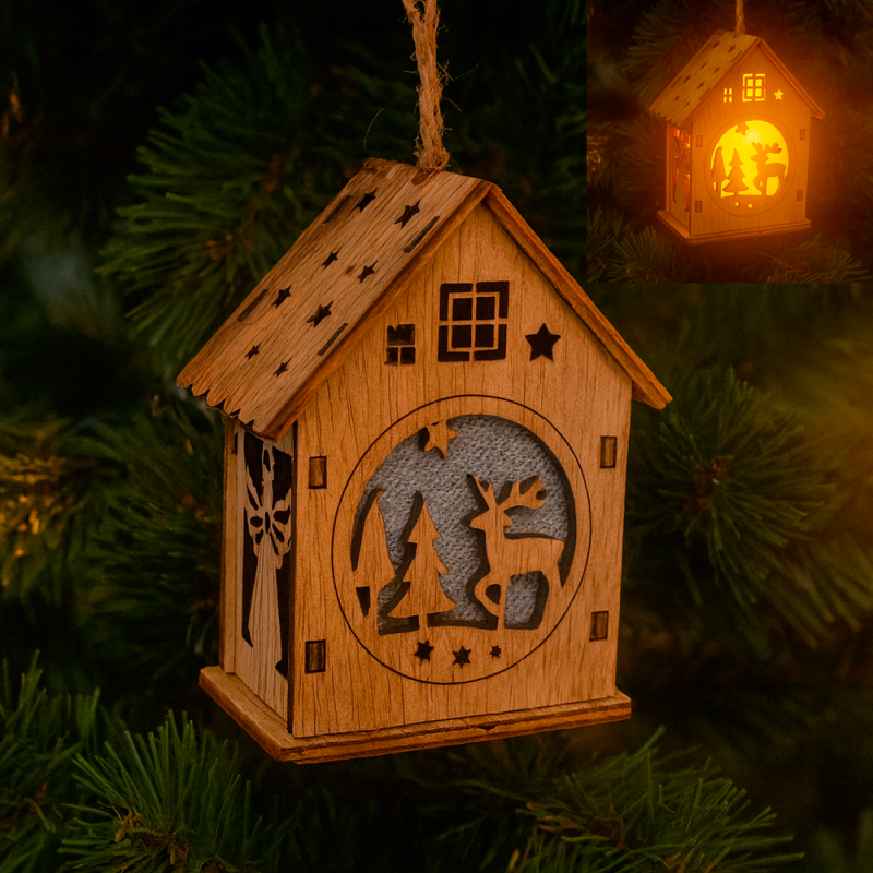 Decoración de navidad luminosa para colgar con forma de casita - Madera