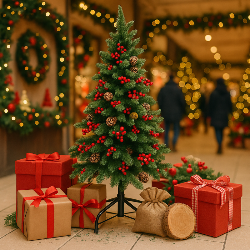 Árbol de navidad artificial decorado con piñas y bayas rojas