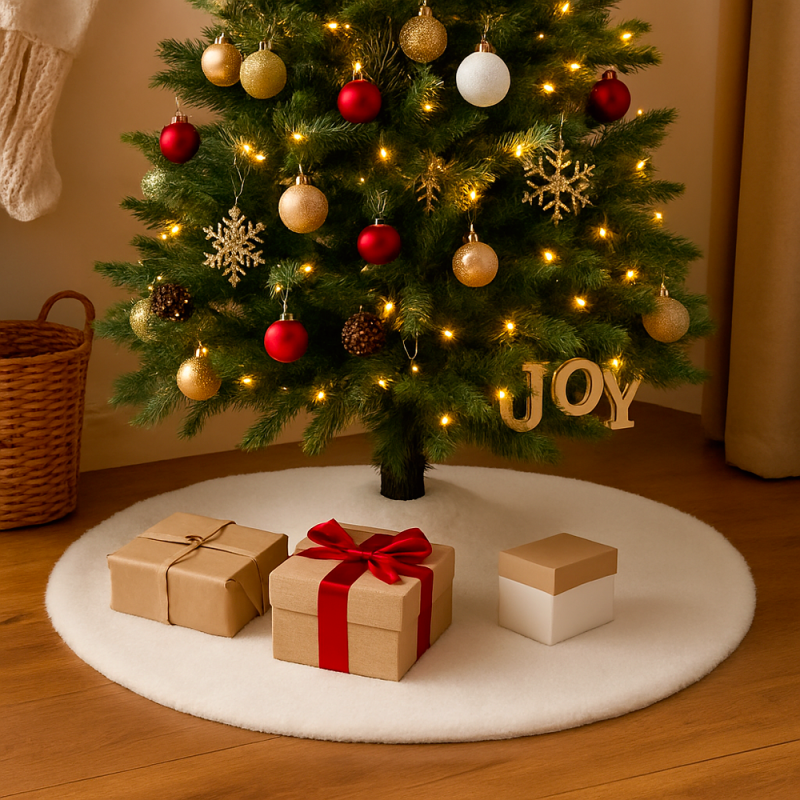 Falda para árbol de Navidad de piel sintética blanca, 60 cm