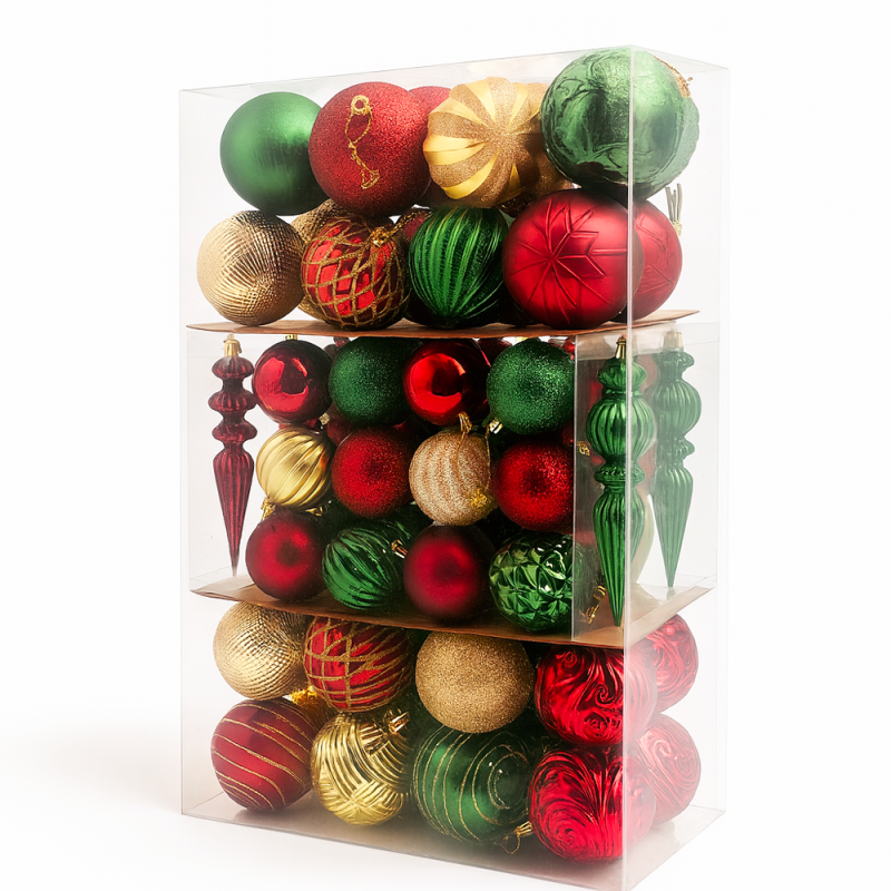 Caja transportable con 74 decoraciones de navidad en rojo burdeos, verde y dorado