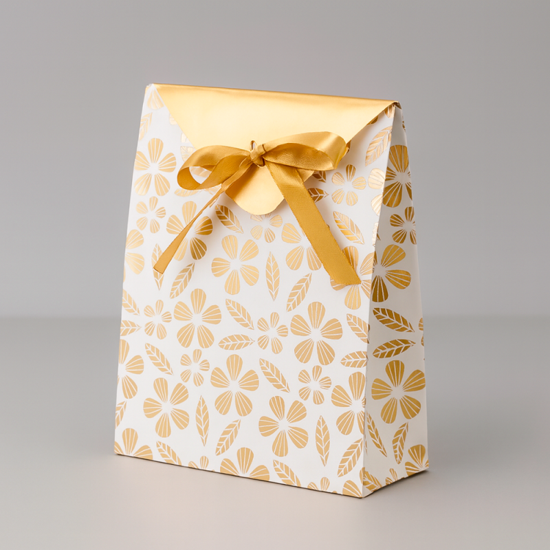 2 bolsitas de regalo blancas con motivo de flores doradas - 18 x 8 x 21 cm