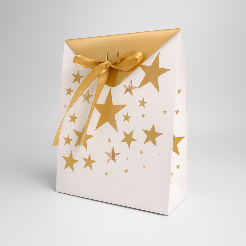 2 bolsitas de regalo blancas con motivos de estrellas doradas - 18 x 8 x 21 cm