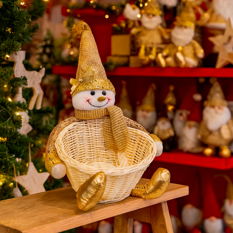 Cesta de almacenamiento de navidad con muñeco de nieve dorado