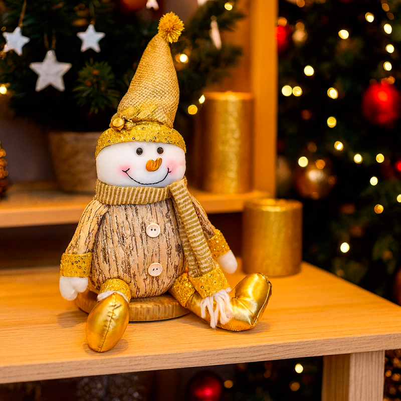 Peluche decorativo dorado con purpurina: Muñeco de nieve