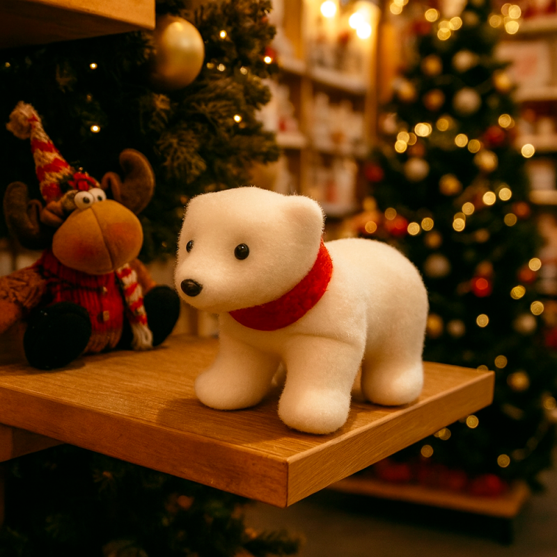 Pequeño oso polar de navidad con bufanda roja