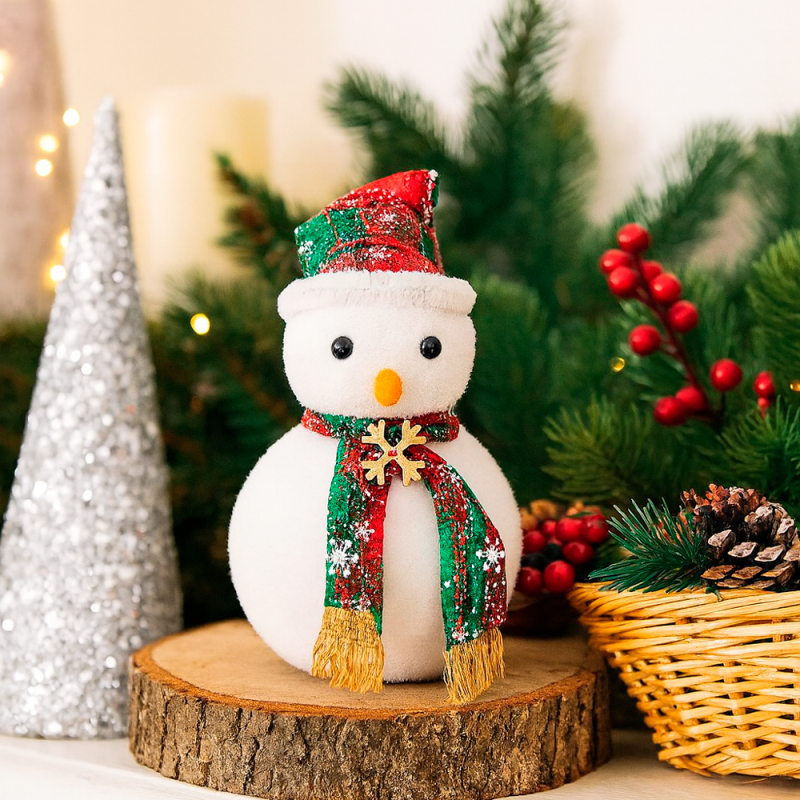 Muñeco de nieve polar de navidad con bufanda roja y verde