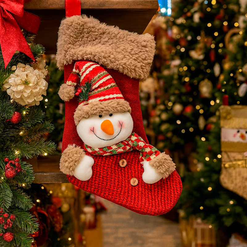 Calcetín decorativo de navidad rojo con motivo de muñeco de nieve