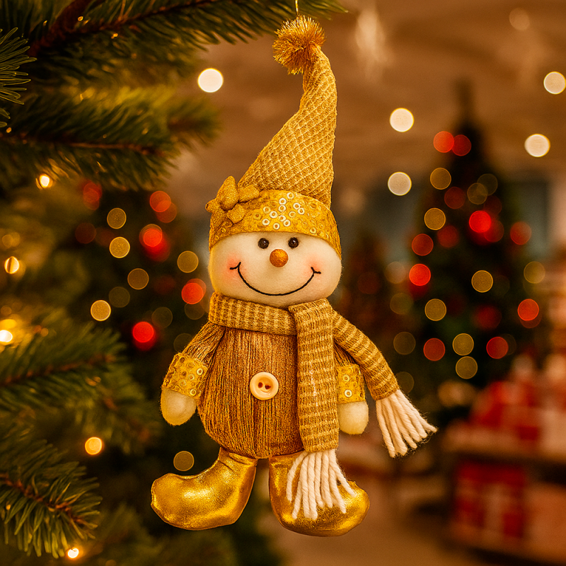 Pequeño peluche decorativo dorado para el árbol de navidad: muñeco de nieve