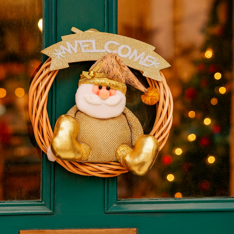 Corona de madera con peluche de navidad de Papá Noel dorado