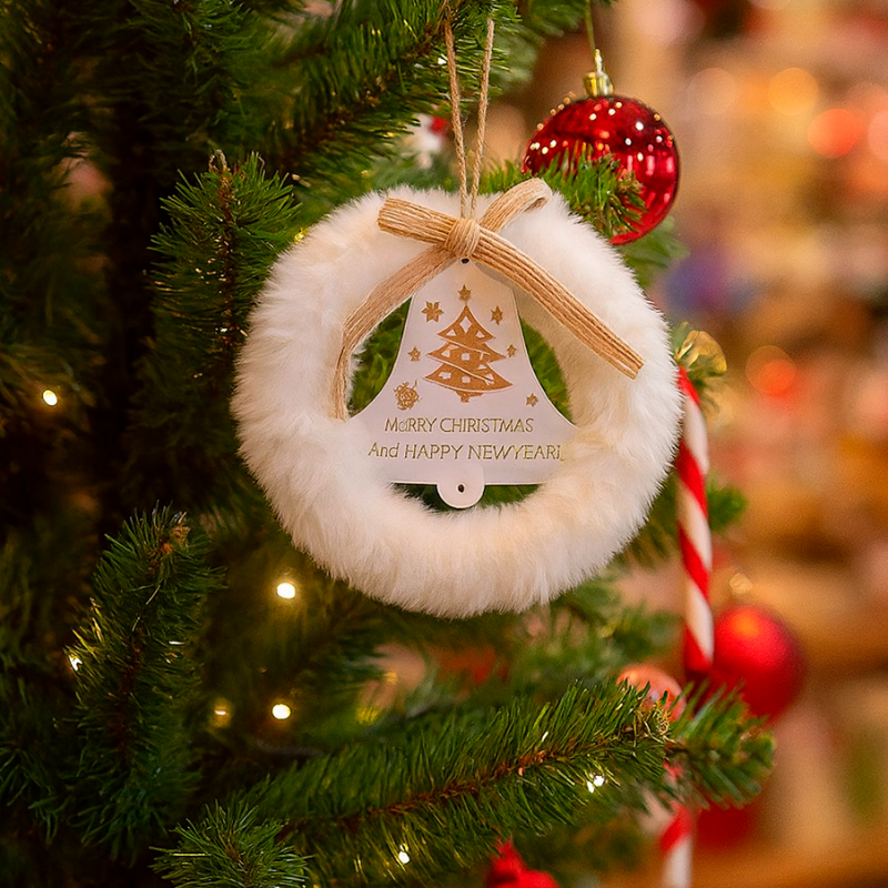 Decoración de navidad para colgar de madera y piel con motivo de campana