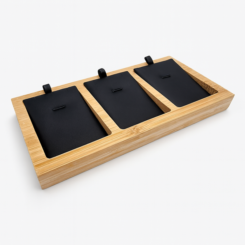 Pequeña bandeja de madera para 3 collares - Símil piel negra