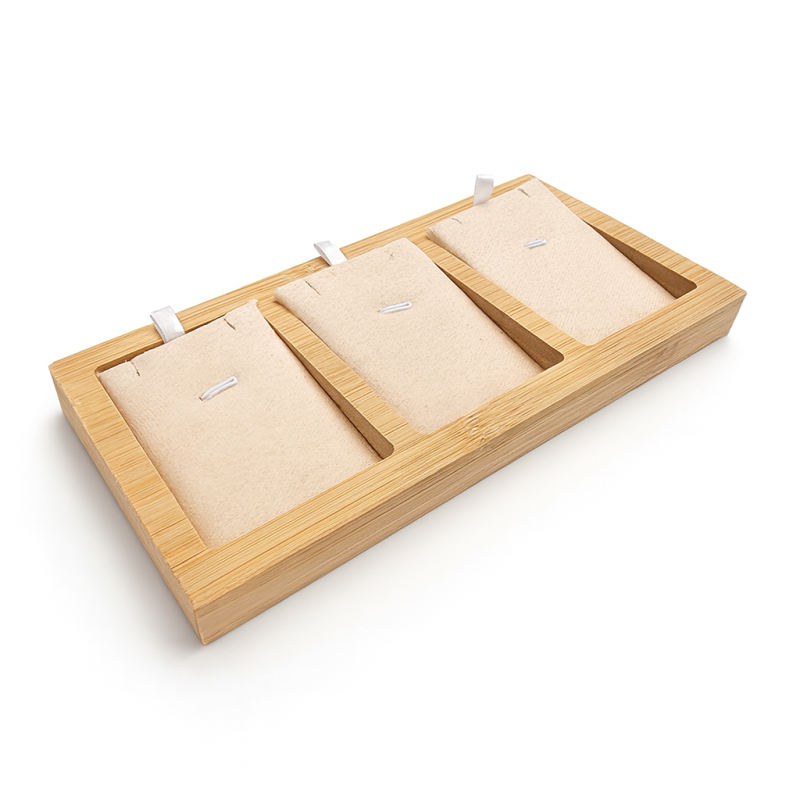 Pequeña bandeja de madera para 3 collares - De ante beige