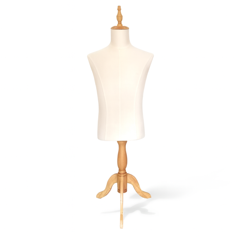 Busto de sastrería para hombre de algodón crudo y pie trípode de madera