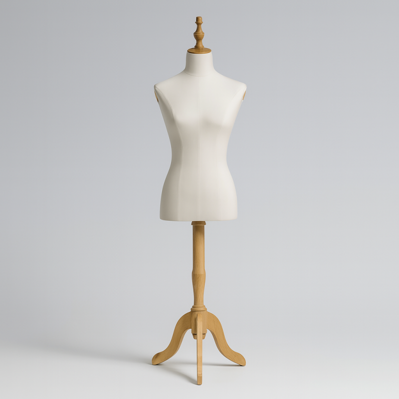 Busto de costura para mujer de algodón crudo y pie de madera