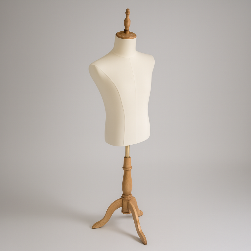 Busto de costura de hombre de algodón crudo y pie de madera