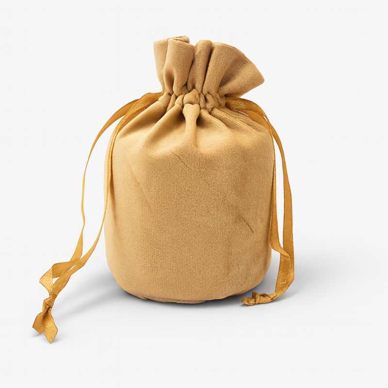 Lote de 10 bolsas de terciopelo con cierre de cordones 14x15+9 cm - Dorada