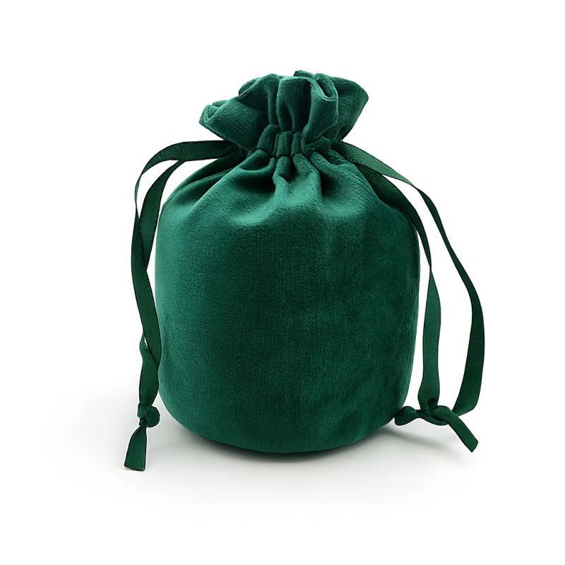 Lote de 10 bolsas de terciopelo con cierre de cordones 14x15+9 cm - Verde pino