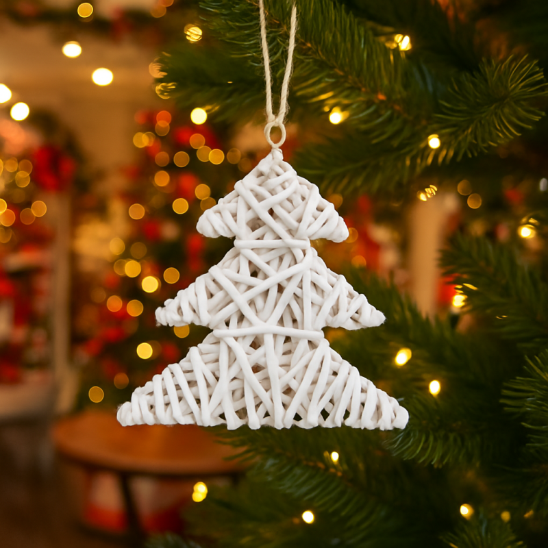 Árbol de Navidad de mimbre y de metal para colgar 20x20 cm - blanco