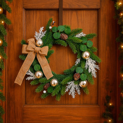 Corona de navidad artificial, decoración con bolas de navidad plateadas