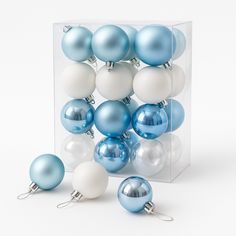 Pack de bolas de navidad de 6 cm - azul escarchado y blanco