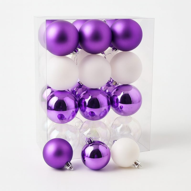 Pack de bolas de navidad de 6 cm - morado y blanco