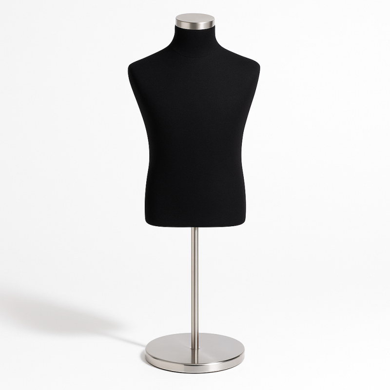 Busto de maniquí de hombre de tela negra y pie de metal cromado