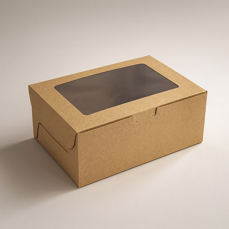 Lote de 12 cajas con ventana de cartón kraft marrón natural para montar - 24 x 16 x 7,5 cm