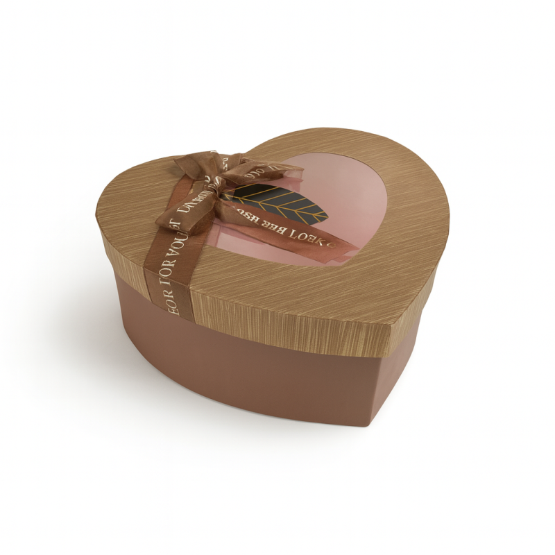 Caja de regalo pequeña en forma de corazón marrón con ventana 14x16x6 cm