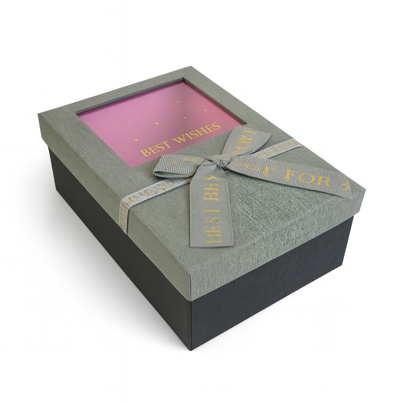 Caja de regalo bicolor con ventana negra y gris 19x12x7cm