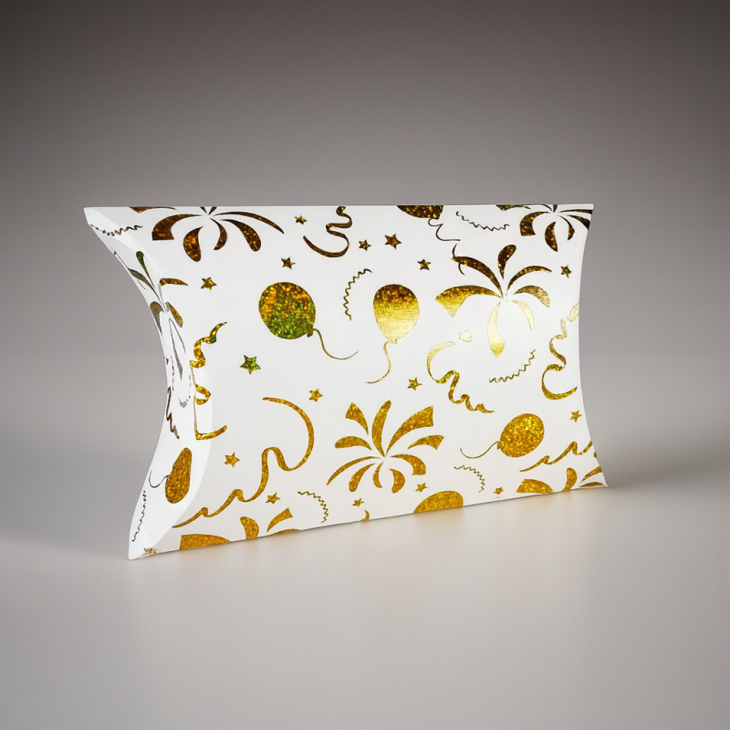 12 pequeñas cajas de regalo piramidales blancas con motivos de globos dorados 9x14x3cm