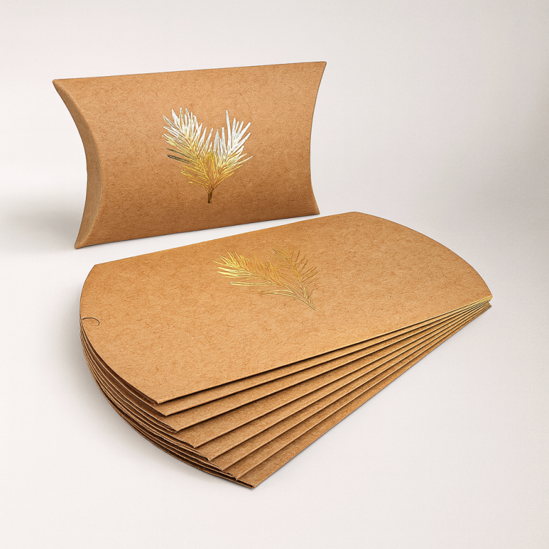 12 cajas piramidales de navidad de papel kraft con motivo de ramas de abeto doradas brillantes