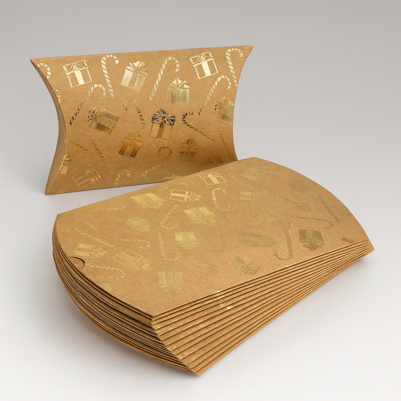 12 cajas piramidales de navidad de papel kraft con motivos de regalos y bastones de caramelo dorados brillantes