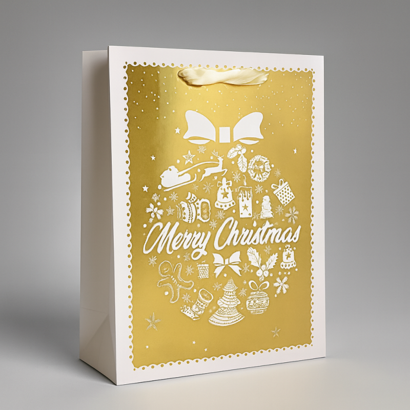 Lote de 12 bolsas de regalo de navidad blancas con motivo dorado de bolas de navidad 26x10x32cm